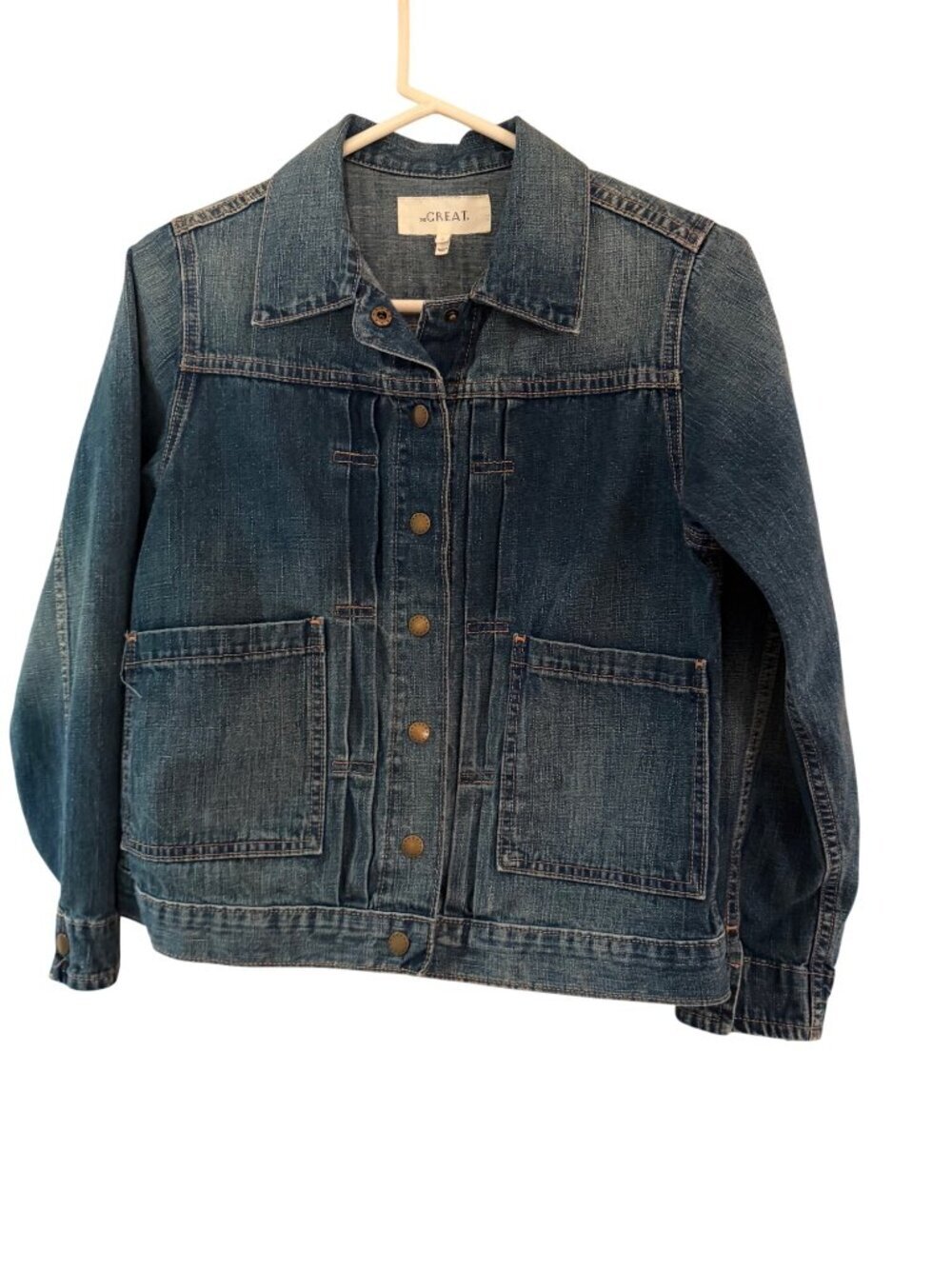 The Great Buck Womens Denim Jacket Size 0/XS Blue Snap Adjustable Collar USA